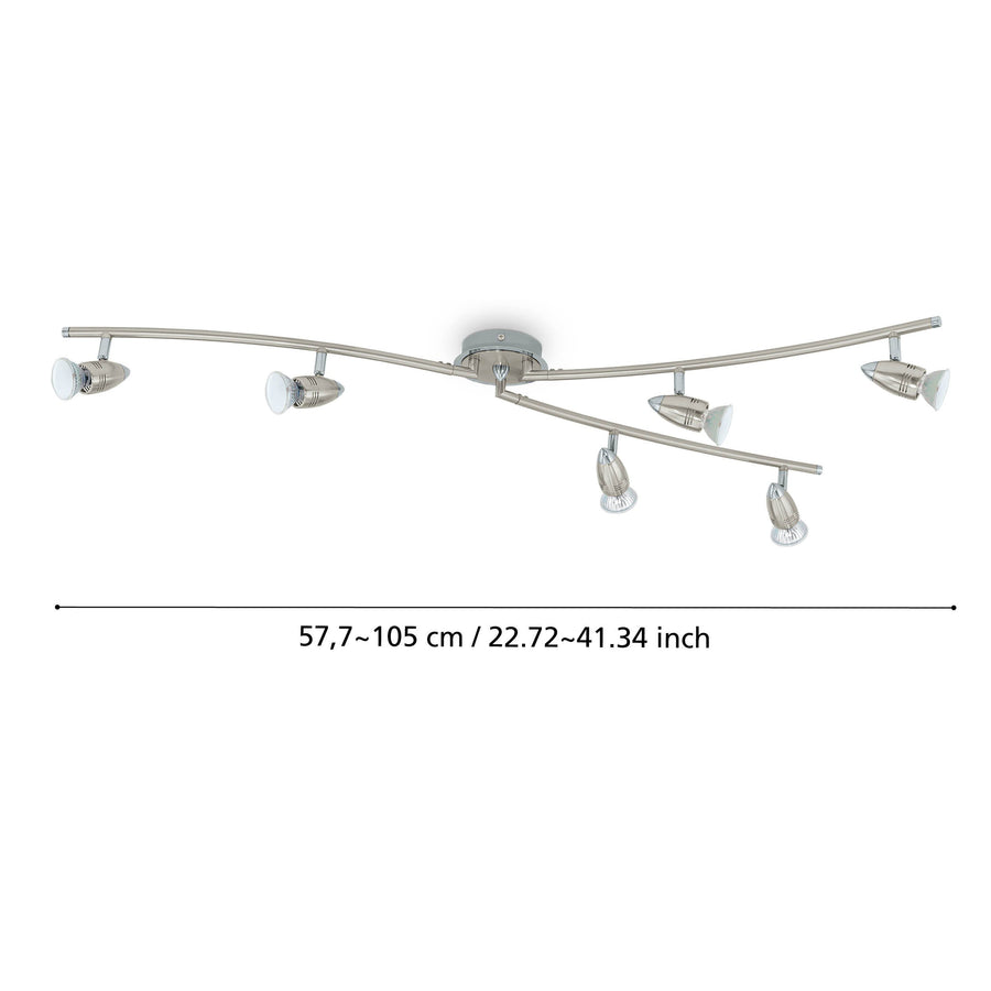 Schéma de dimensions du luminaire plafond, largeur réglable de 57,7 à 105 cm.
