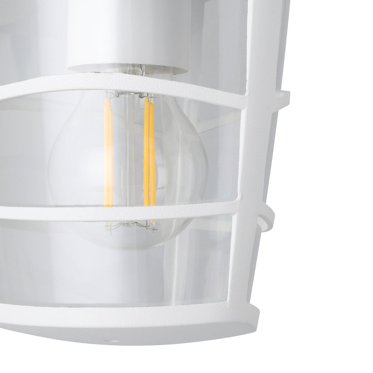 Détail rapproché de l'ampoule filament et de la finition blanche texturée