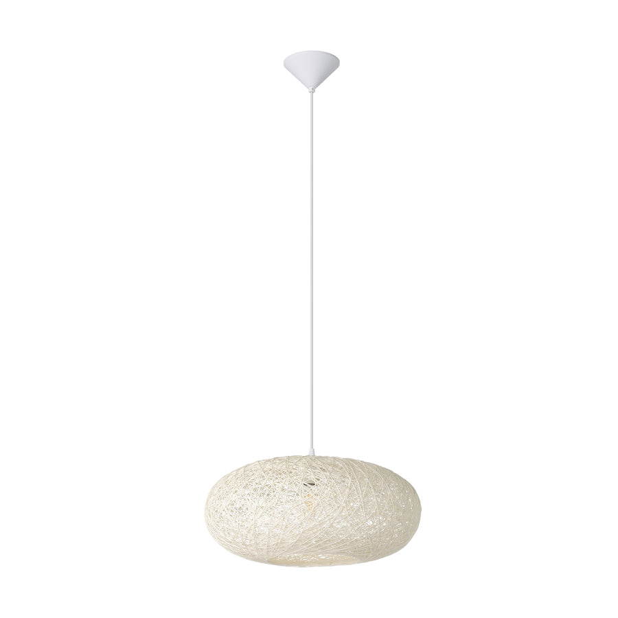 Suspension complète vue de face, câble et coupelle blancs sur fond neutre