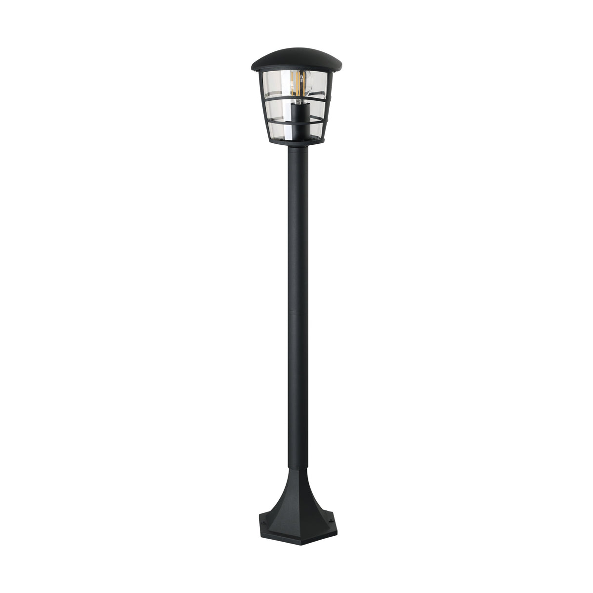 Vue de trois quarts du lampadaire noir avec son fût et sa large embase