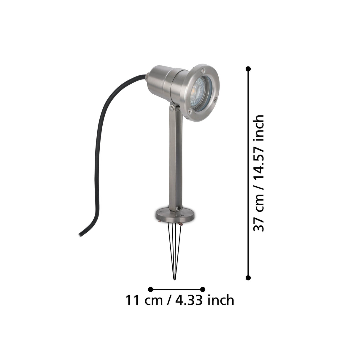 Schéma coté indiquant hauteur 37 cm et largeur 11 cm du luminaire
