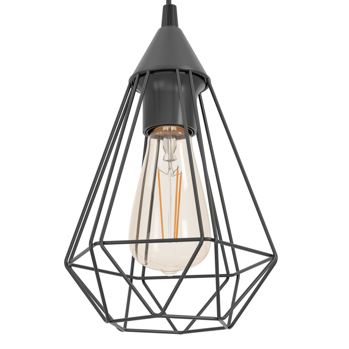 Détail rapproché d'une cage métallique noire et de l'ampoule à filament