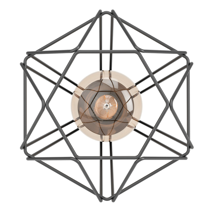 Vue de face du luminaire dévoilant la structure géométrique en étoile autour de l'ampoule