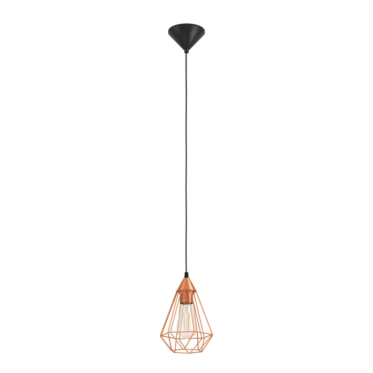 Vue de face du luminaire suspendu, câble noir et cage cuivrée avec ampoule visible