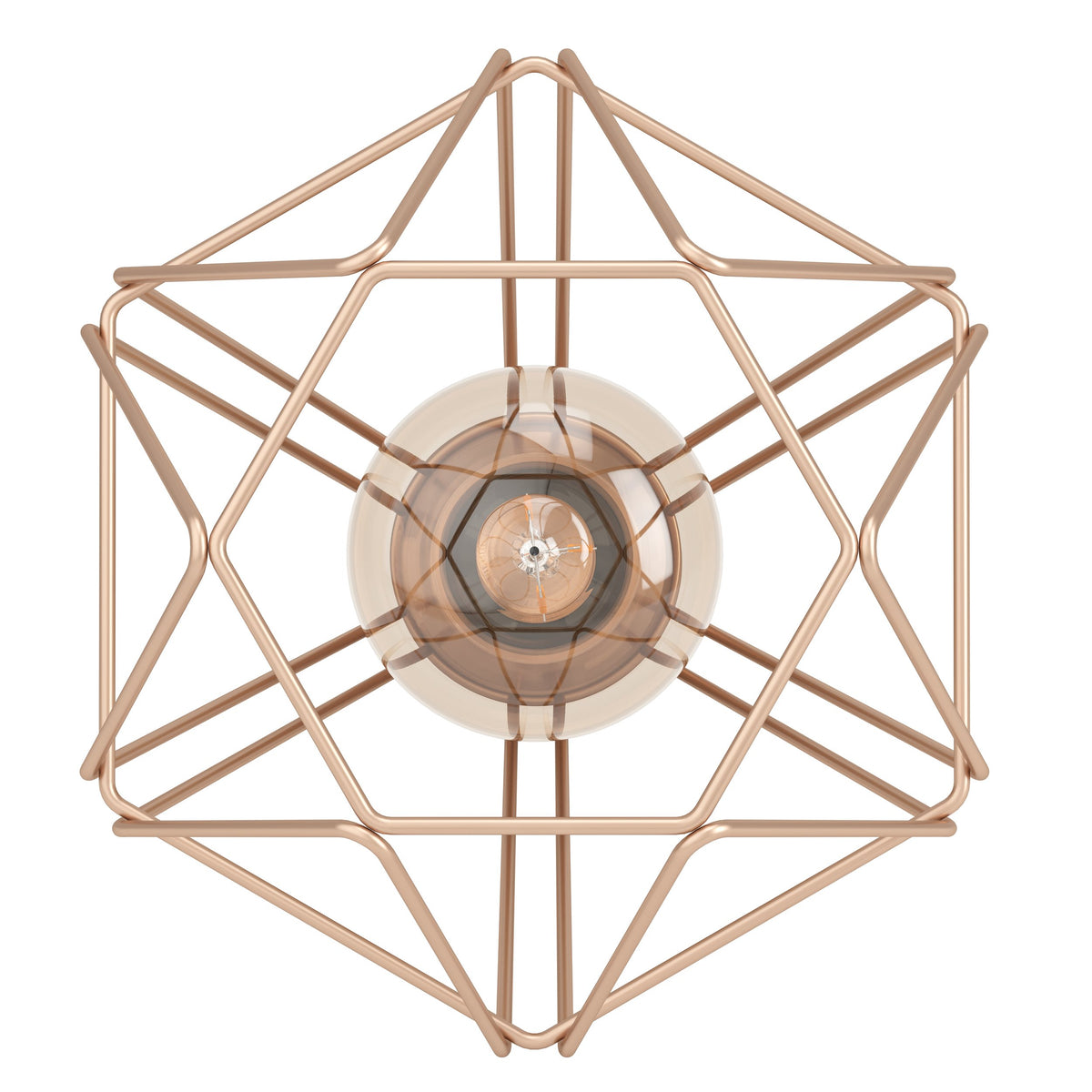 Vue de face du luminaire, silhouette géométrique en métal cuivré autour de l'ampoule.