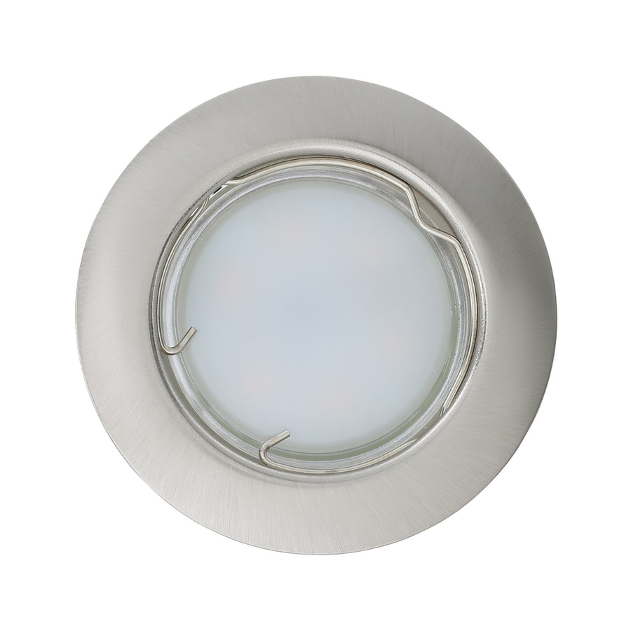 Vue de dessus d'un spot rond éteint, cerclage nickel brossé et verre dépoli