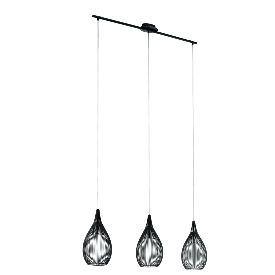 Vue produit sur fond blanc des trois suspensions noires de forme goutte alignées