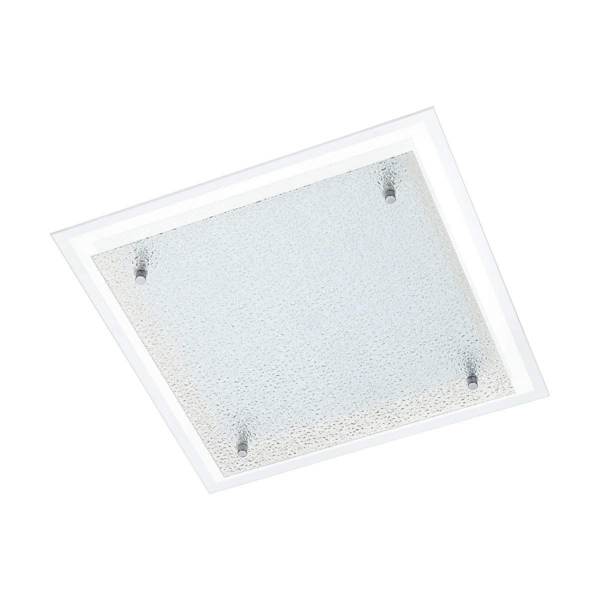 Vue en plongée du luminaire carré, verre moucheté, cadre blanc et quatre vis chromées.
