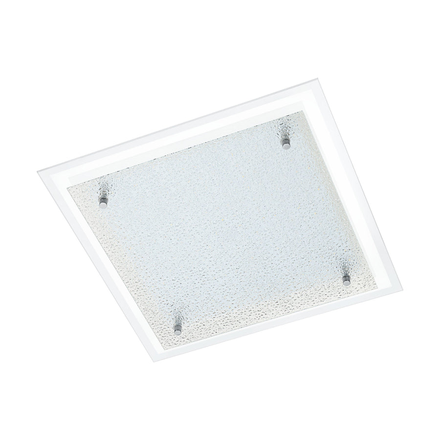 Vue en plongée du luminaire carré, verre moucheté, cadre blanc et quatre vis chromées.