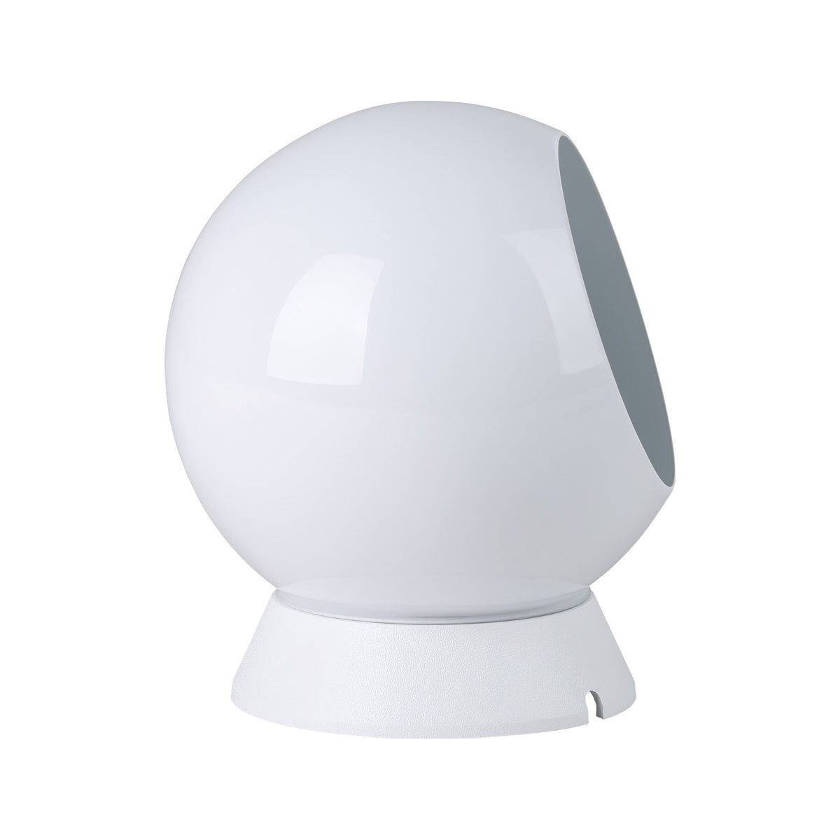 Profil du luminaire : sphère blanche inclinée sur socle circulaire blanc