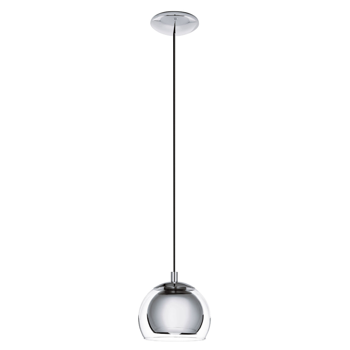 Produit de face avec câble noir et rosace chromée, verre sphérique brillant