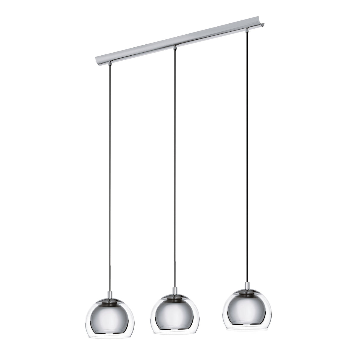 Vue de trois quarts du luminaire à trois globes suspendus