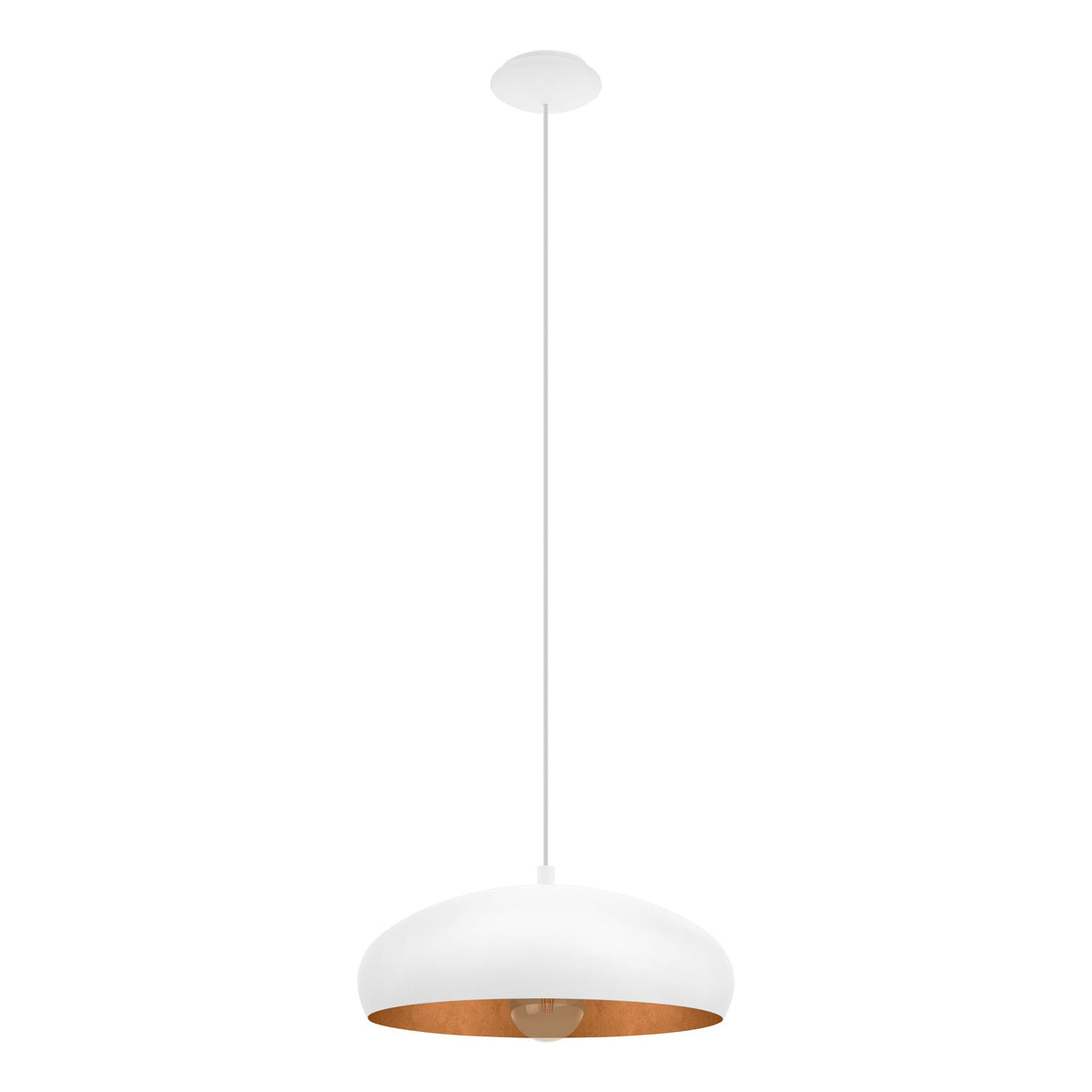 Vue d'ensemble de la suspension blanche avec sa rosace et son câble de fixation