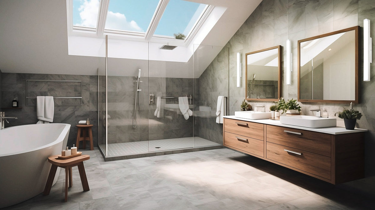 Mise en ambiance d'une salle de bain moderne avec appliques linéaires de part et d'autre des miroirs