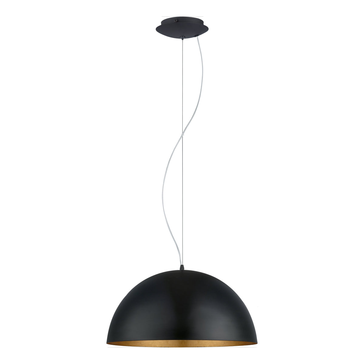 Vue de face d'une suspension noire et dorée avec câble électrique ondulé.