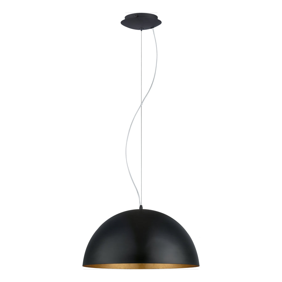 Vue de face d'une suspension noire et dorée avec câble électrique ondulé.