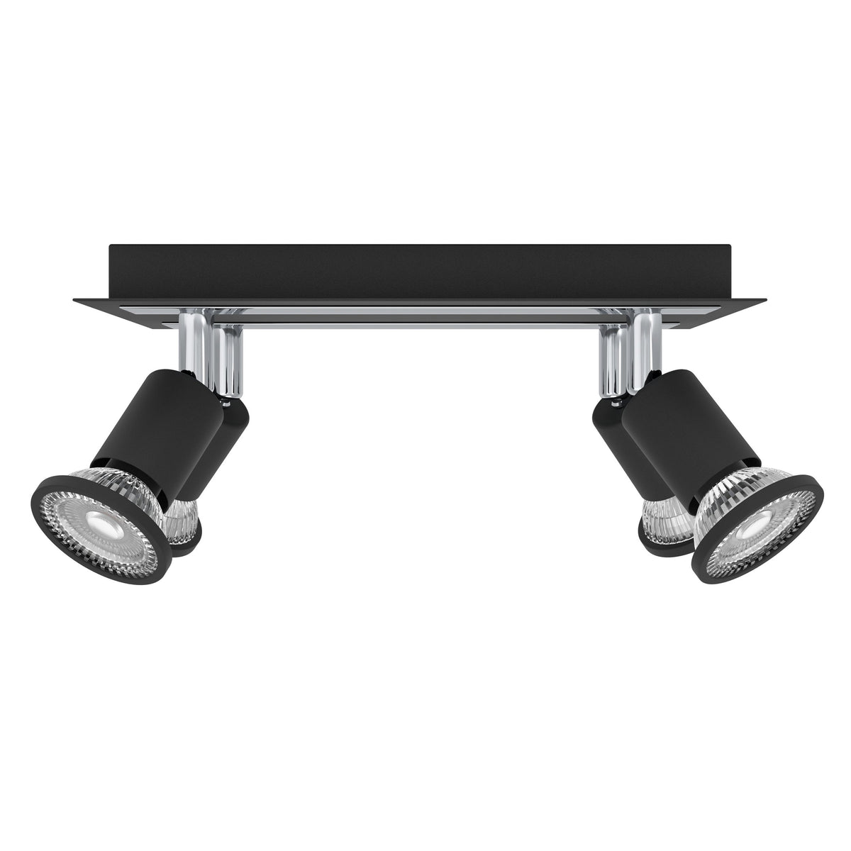 Vue de face du luminaire montrant sa base carrée noire et ses spots orientables.