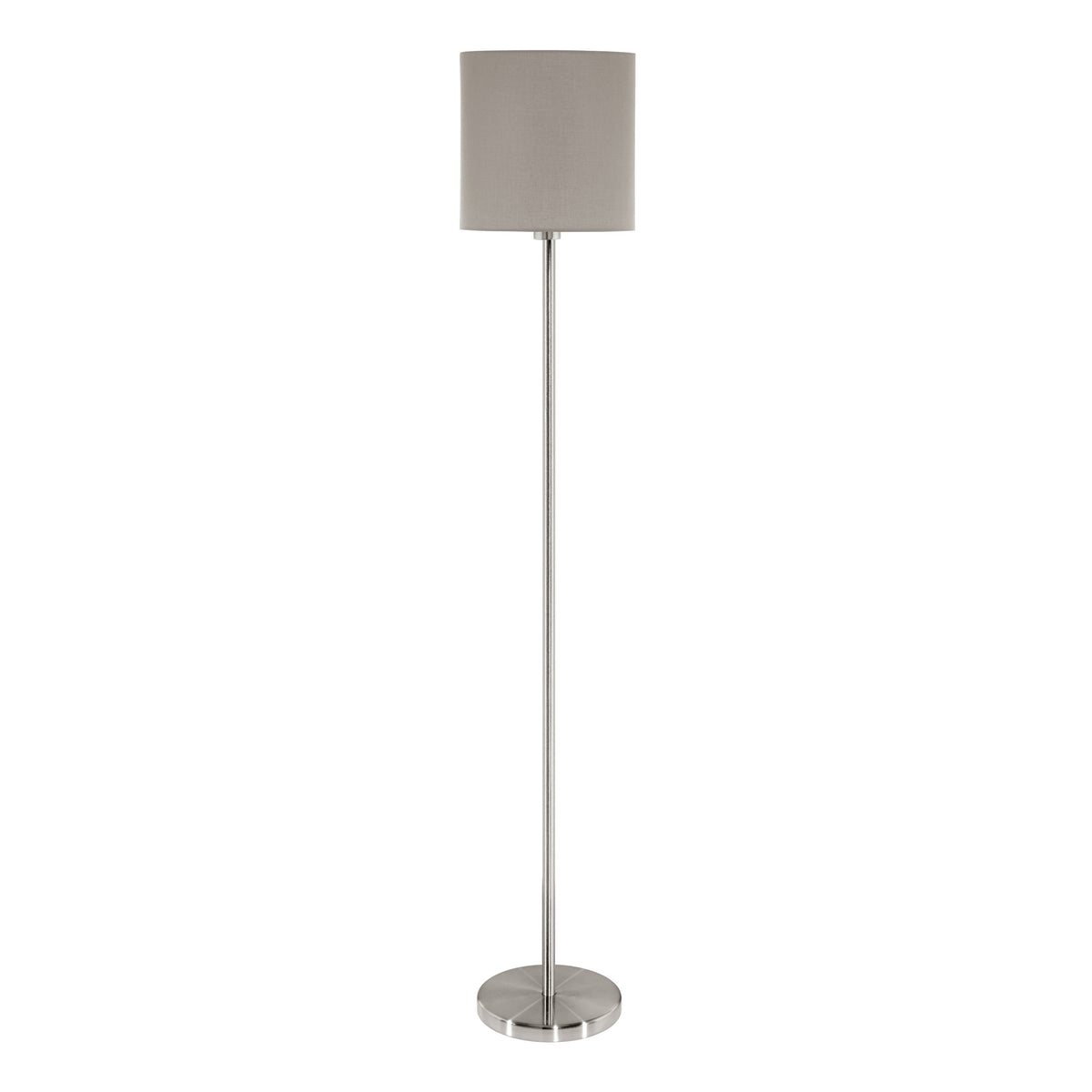 Vue de face du lampadaire, abat-jour taupe et tige métallique avec base ronde.