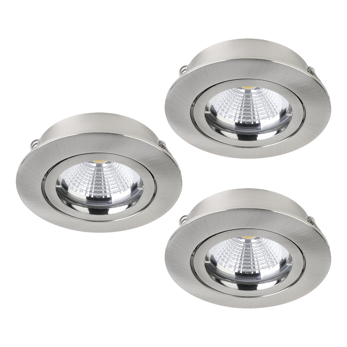 Trois spots encastrables ronds en nickel brossé, vus de trois quarts avec ressorts apparents.