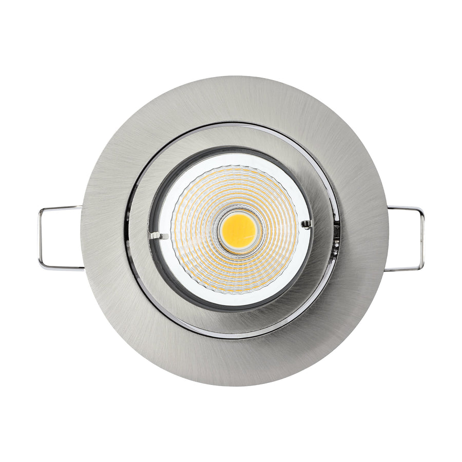 Vue de face d’un spot encastrable rond avec LED centrale et ressorts latéraux.