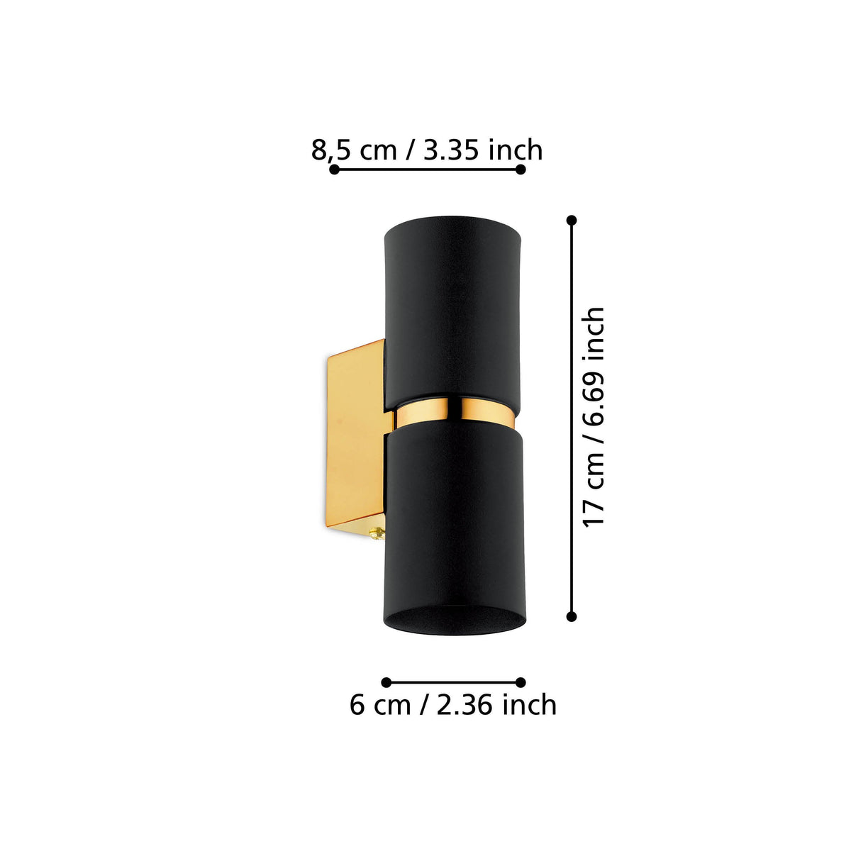 Schéma des dimensions de l'applique : largeur, hauteur et diamètre du cylindre