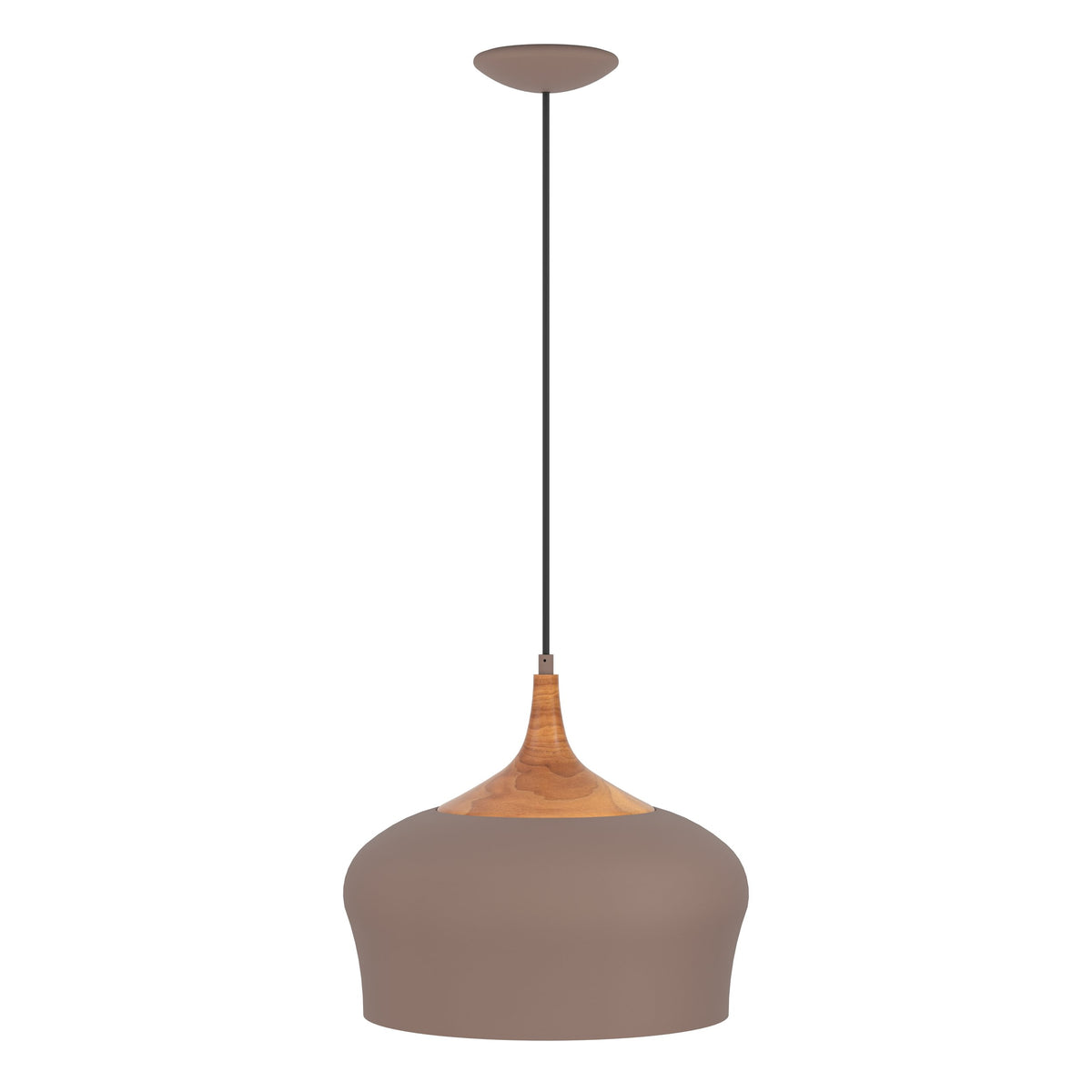 Version taupe du luminaire suspendu photographiée de face sur fond blanc