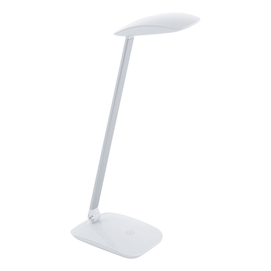 Seconde vue du luminaire posé, colonne fine et base rectangulaire blanche