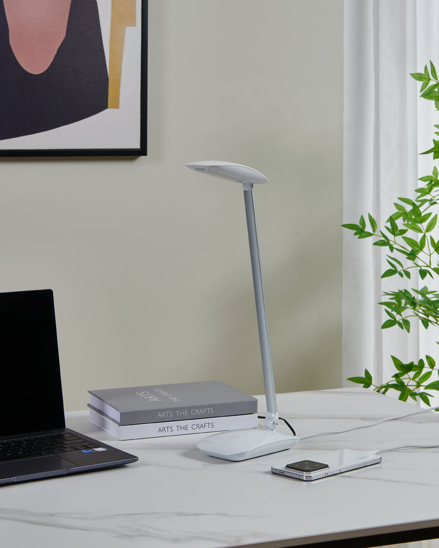 Ambiance de travail : lampe de bureau éclairée devant livres empilés et plante verte
