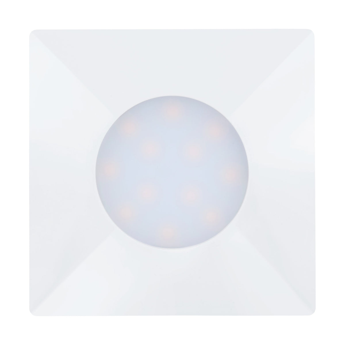 Vue de face du spot blanc montrant la plaque carrée et les LED réparties en cercle.