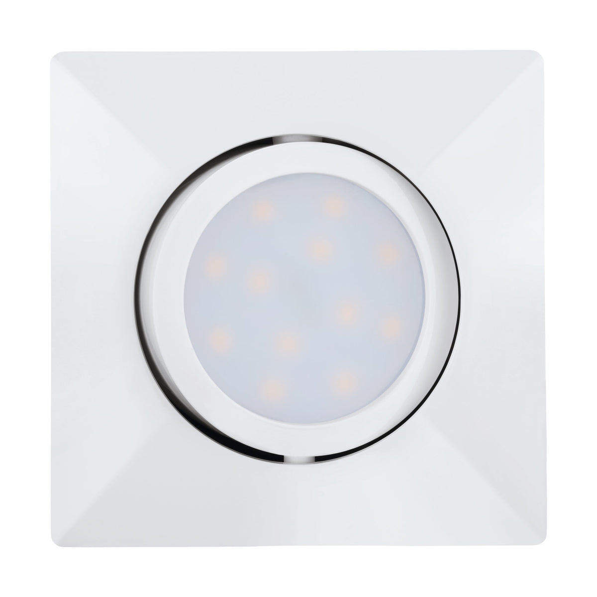 Détail de face du spot blanc carré, cercle central et LED visibles.