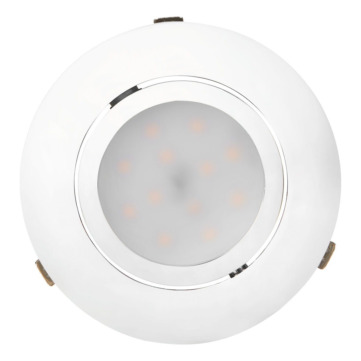 Vue frontale centrée du spot, module LED circulaire et diodes alignées