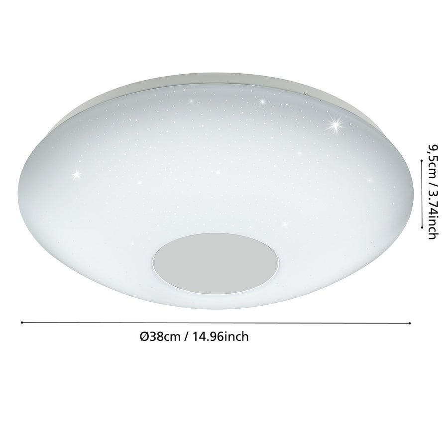 Schéma coté du plafonnier rond : diamètre 38 cm, hauteur 9,5 cm