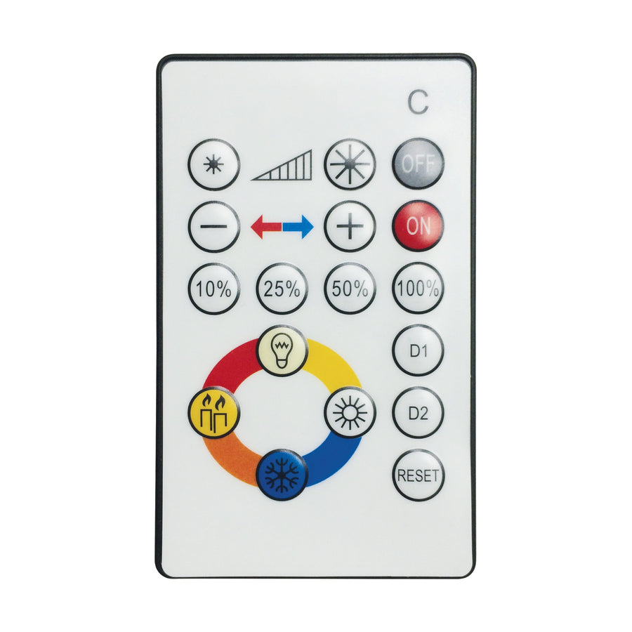 Télécommande blanche avec boutons de variation d'intensité et de température de couleur.