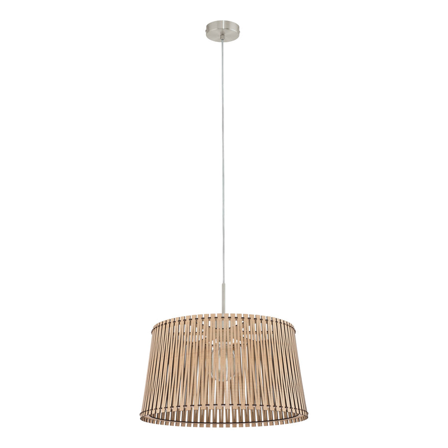 Vue de face du luminaire suspendu avec diffuseur en bois et câble réglable fin.
