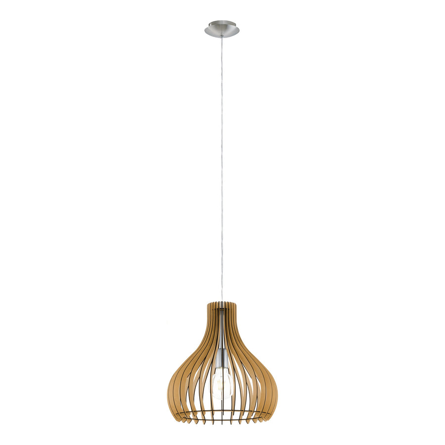 Présentation du luminaire sur fond blanc, mettant en valeur ses lamelles en bois.