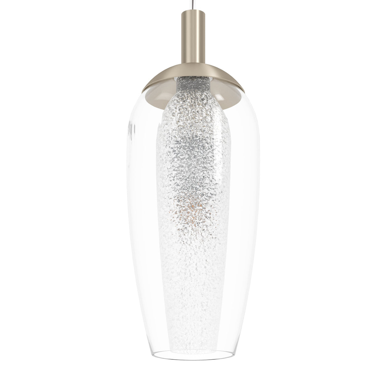 Détail rapproché d'un globe en verre transparent révélant l'ampoule et les inclusions scintillantes