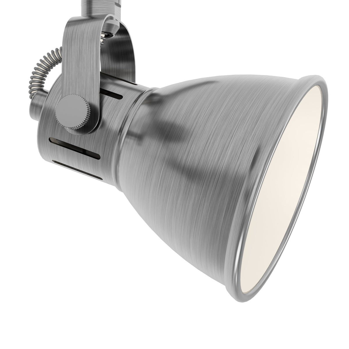 Gros plan sur une tête orientable montrant la finition nickel brossé et l'intérieur crème.
