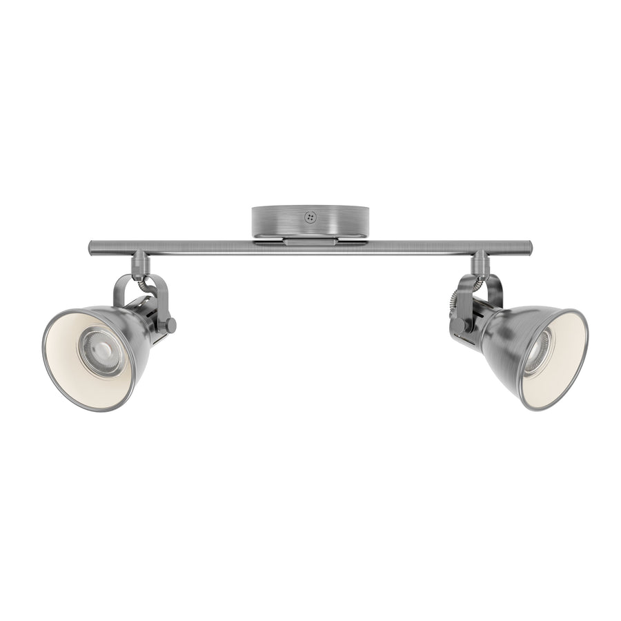 Vue frontale du luminaire de plafond avec deux projecteurs orientables en nickel brossé.