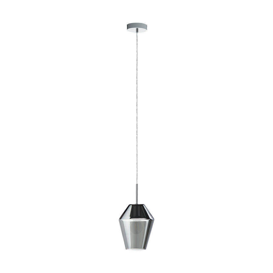 Vue de face du luminaire éteint, abat-jour en verre facetté et câble fin