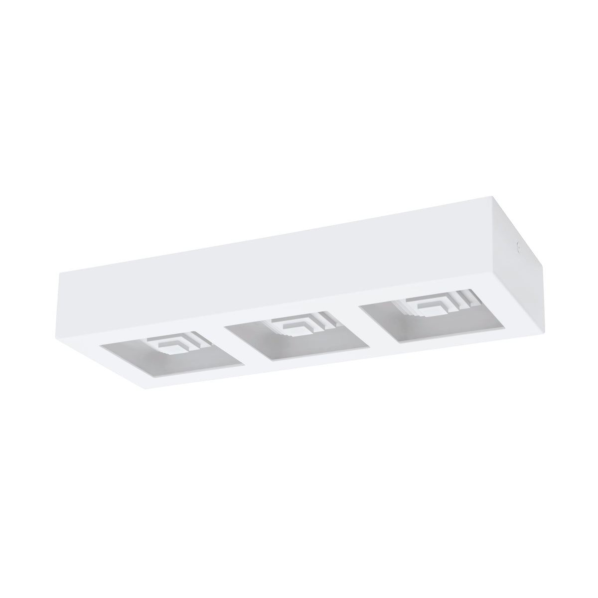 Vue de face du luminaire blanc et de ses trois réflecteurs carrés en creux