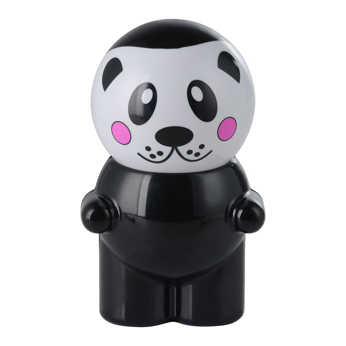 Face avant du luminaire panda, tête blanche et buste noir laqué, cadrage centré