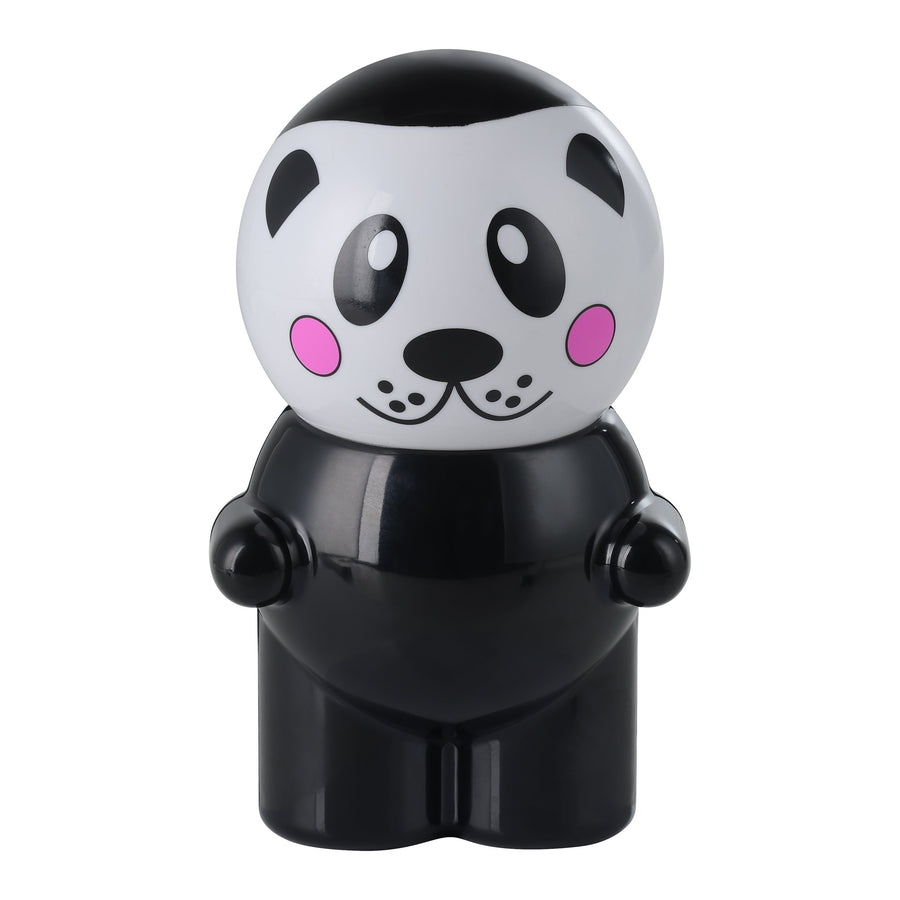 Face avant du luminaire panda, tête blanche et buste noir laqué, cadrage centré