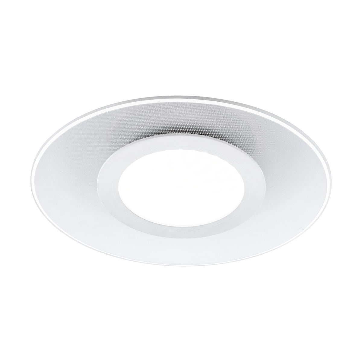 Vue rapprochée du luminaire blanc, détail de la bague lumineuse et du diffuseur perforé