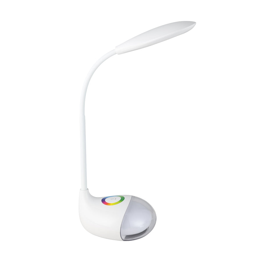 Vue du produit sur fond blanc, col flexible courbé et tête orientable, socle arrondi translucide.