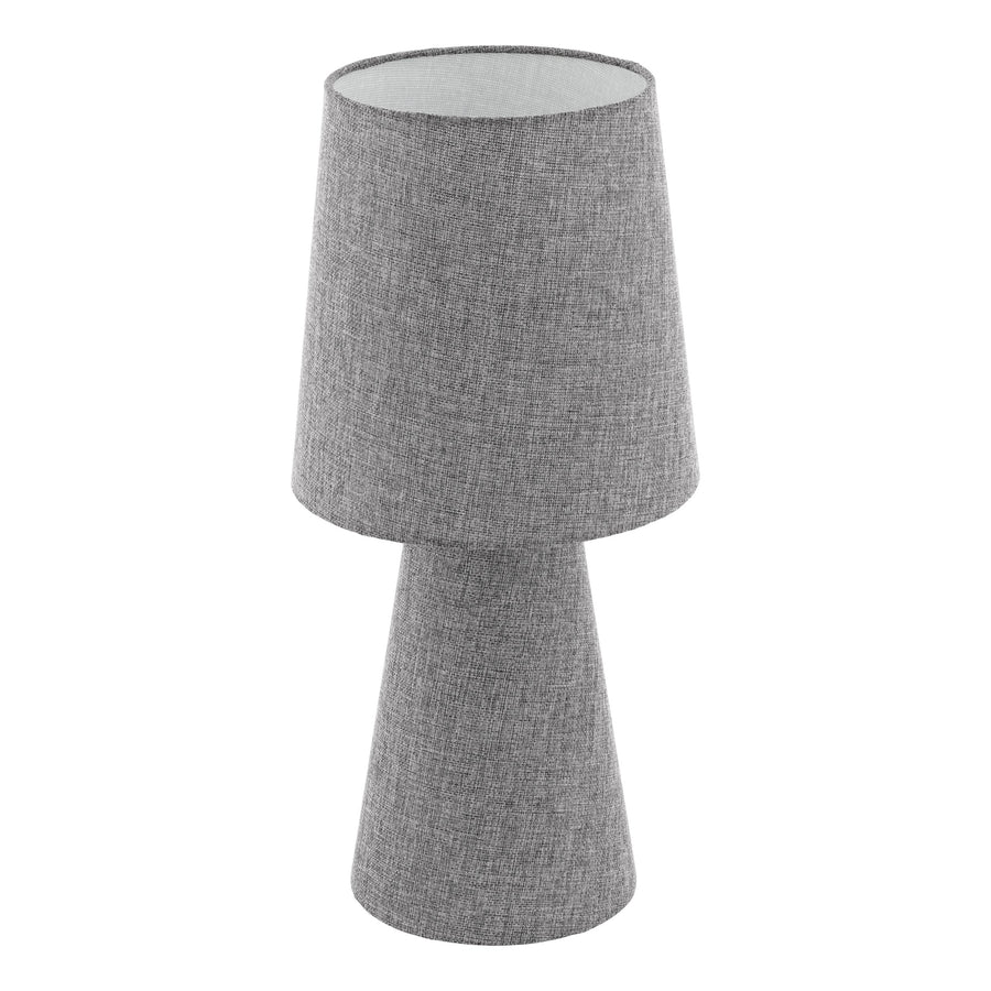 Vue rapprochée du pied et de l'abat-jour coniques, tissu gris texturé, fond blanc.