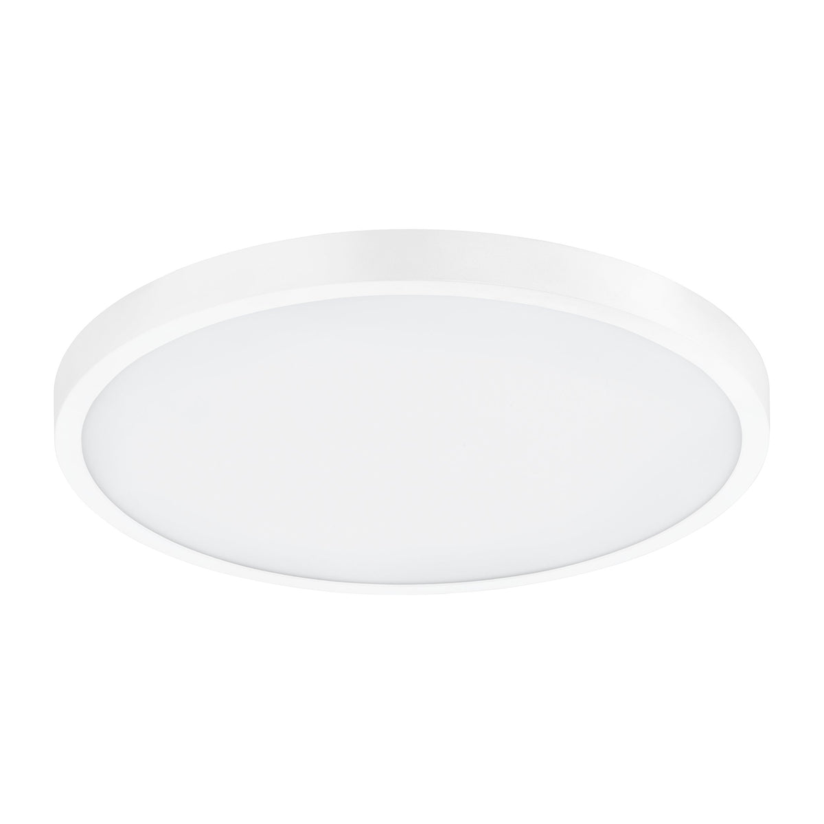 Vue légèrement en contre-plongée du luminaire blanc, montrant sa faible épaisseur