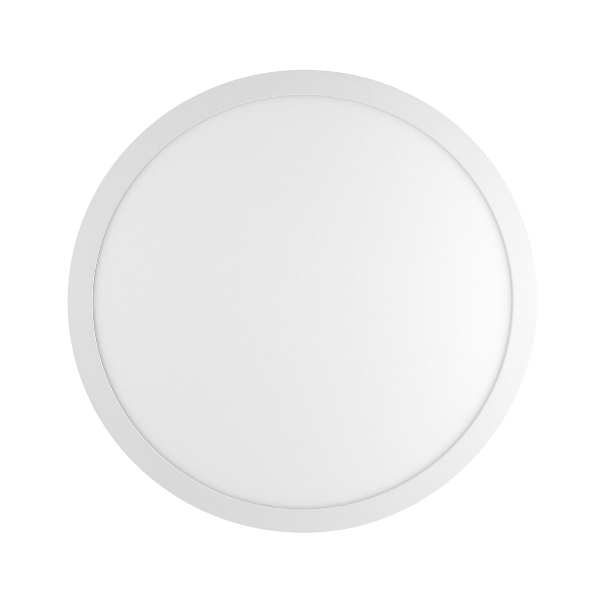 Vue du dessous du plafonnier rond, diffuseur blanc uniforme et cerclage extérieur