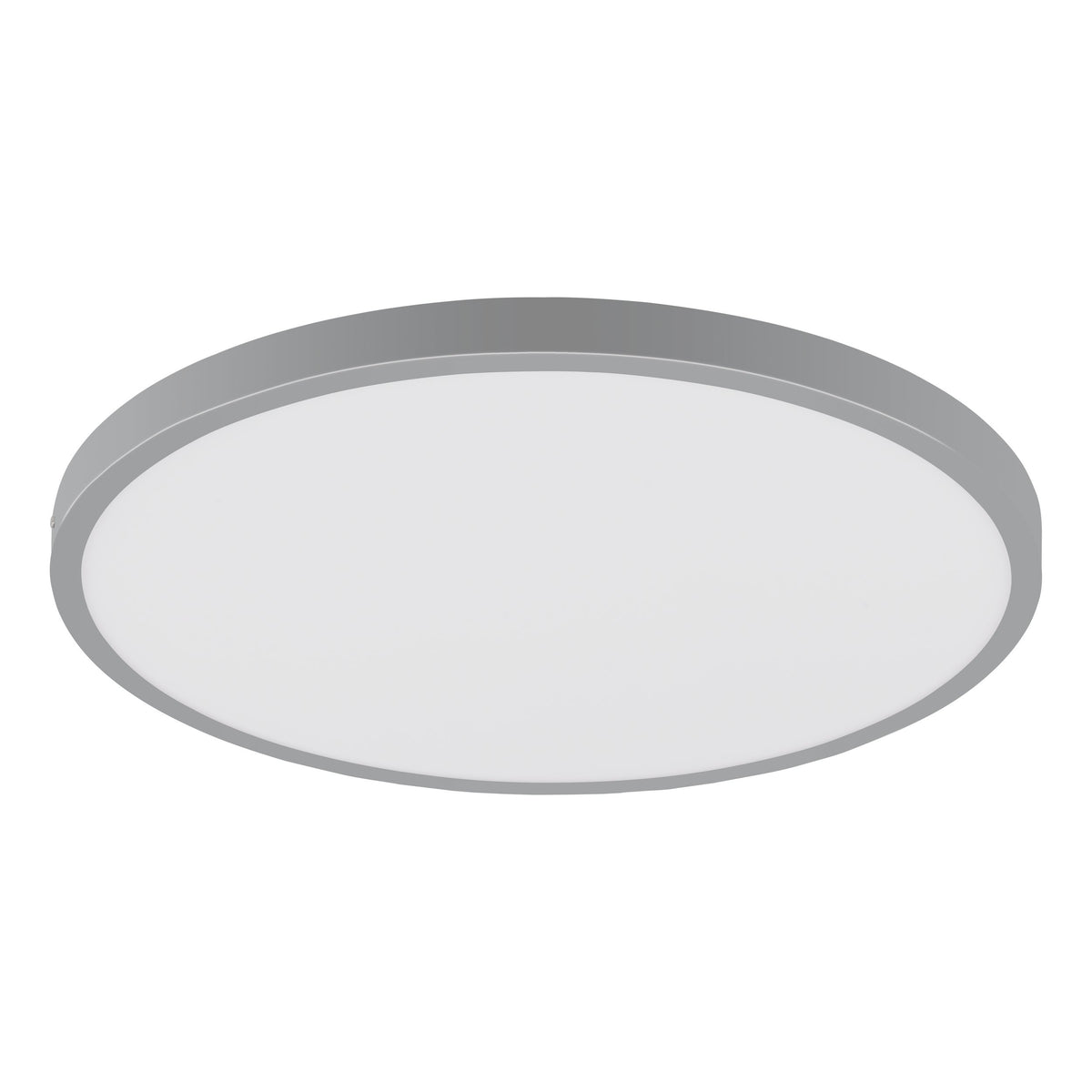 Vue en perspective du plafonnier rond argenté, cerclage métallique et vasque opaline