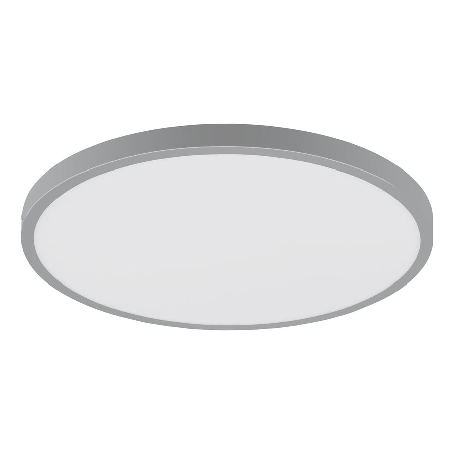 Vue en perspective du plafonnier rond argenté, cerclage métallique et vasque opaline