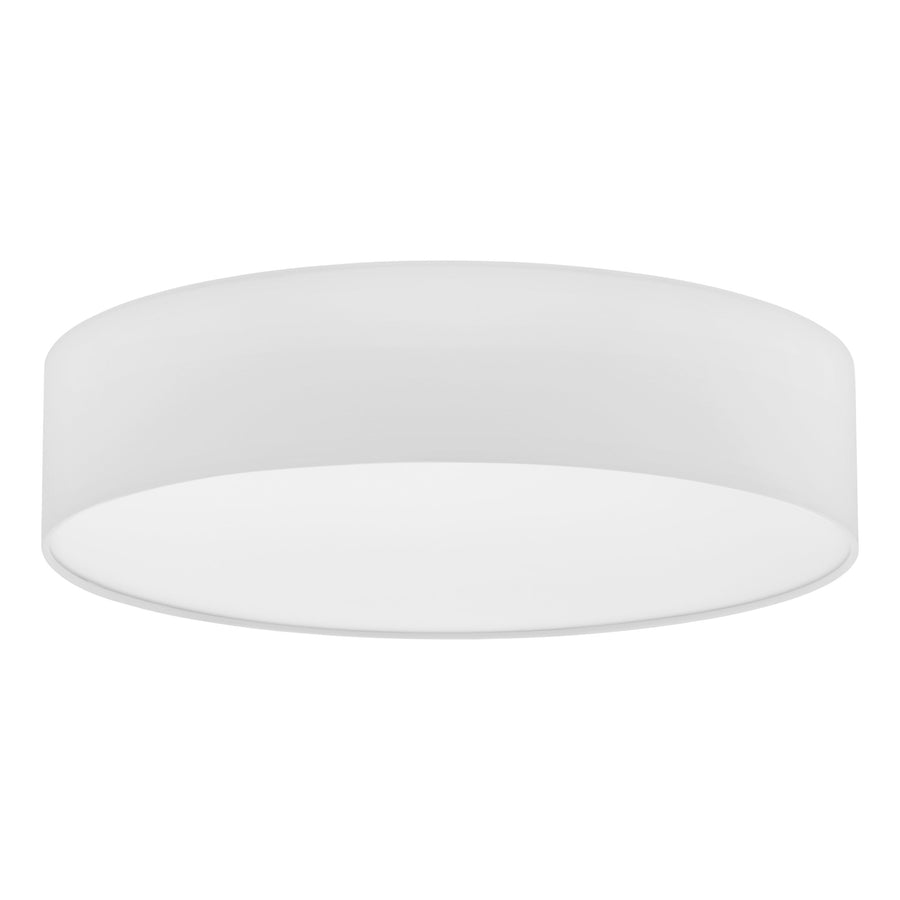 Vue de face du luminaire blanc, forme cylindrique basse avec diffuseur plat légèrement bombé.